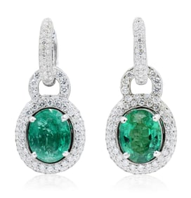18K White Gold, Diamond & Emerald Earrings
