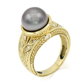 Michael Valitutti 18K Yellow Gold, Tahitian Pearl & Diamond Ring