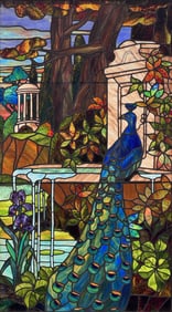 A Fine American Leaded Glass Window with Peacock & Fountain