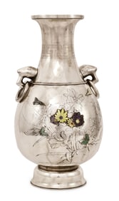 Japanese Meiji Period Silver & Enamel Two-Handled Vase