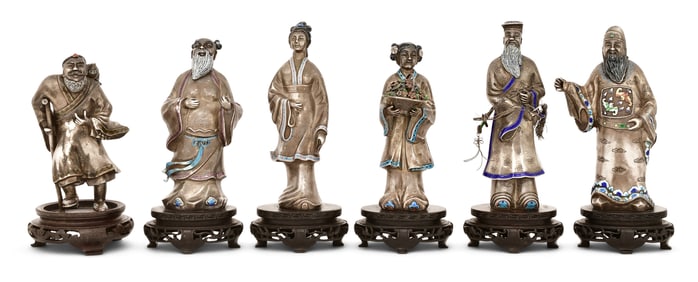 Lot of Six Chinese Enameled Silver Figures