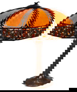 Handel "Oak Leaf & Acorn" Overlay Table Lamp: Handel Company(Connecticut/New York, 1885-1936)"Oak Leaf & Acorn" Overlay Table Lampearly 20th centuryslag glass, patinated metalshade marked "Handel Lamps, Pat'd No. 979664"24 in. high, 18 in. diamet