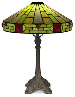 Wilkinson Co. "Jeweled" Table Lamp: Wilkinson Co.&quot;Jeweled&quot; Table Lampcirca 1915leaded glass, patinated metalbase marked &quot;Wilkinson Co., Brooklyn, N.Y.&quot;24 1/2 in. high, 18 1/2 in. diameter (shade)