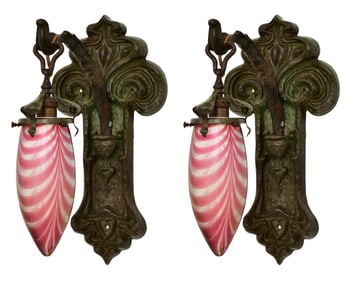 A Pair of French Art Nouveau Bronze Sconces with Art Glass Shades