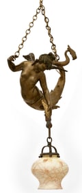 American Gilt Bronze Figural Ceiling Light with Art Glass Shade