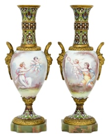 Pair of French Champlevé & Gilt Bronze-Mounted Porcelain Vases