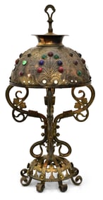 American "Jeweled" Glass & Brass Table Lamp