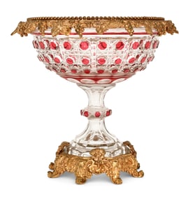 French Gilt Bronze-Mounted Cranberry-Cut-To-Clear Glass Centerpiece