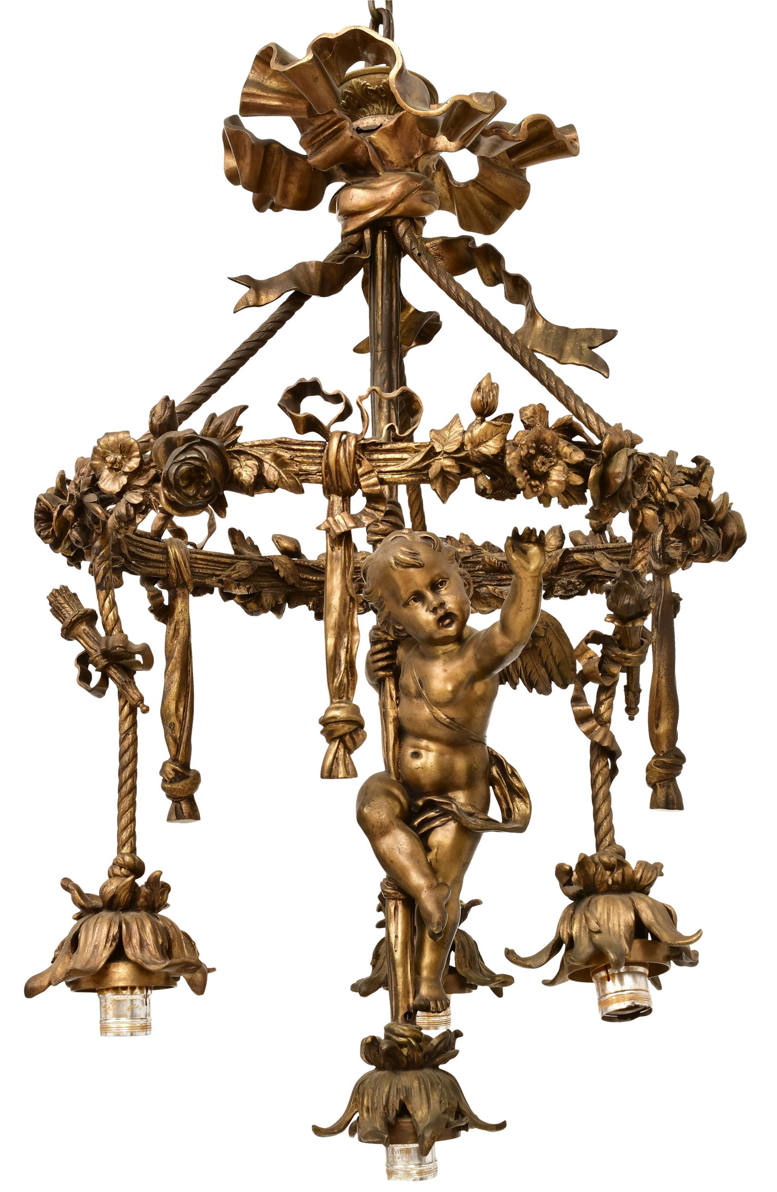 American Gilt Bronze Chandelier with Cherub (1 of 6)