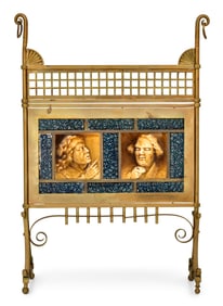 American Aesthetic Movement Brass Fireplace Screen with J. & J.G. Low Art Tile Works Tiles