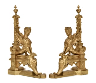 A Pair of French Gilt Bronze Figural Chenets