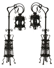 A Pair of American Wrought Iron Floor Lanterns