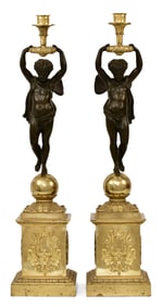 A Pair of French Gilt & Patinated Bronze Figural Candlesticks
