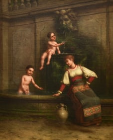 George Henry Hall (American, 1825-1913), Genre Scene with a Woman and Children Playing in a Fountain