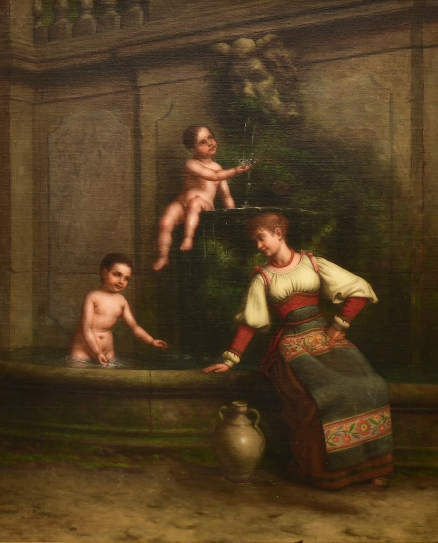George Henry Hall (American, 1825-1913), Genre Scene with a Woman and Children Playing in a Fountain: George Henry Hall(American, 1825-1913)Genre Scene with a Woman and Children Playing in a Fountainoil on canvassigned and dated "Geo. Henry Hall, 1892"26 3/4 x 21 3/4 inches (sight)39 x 34 in