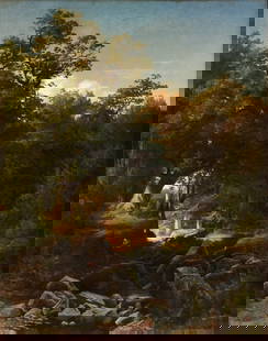 Friedrich Wilhelm Schreiner (German, 1836-1922), Landscape with Figure: Friedrich Wilhelm Schreiner(German, 1836-1922)Landscape with Figureoil on canvassigned &quot;F.W. Schreiner&quot; (lower right)32 3/4 x 24 3/4 inches (sight)39 3/4 x 32 3/4 inches (frame)Provenanc