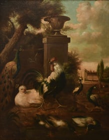 Continental Scene of Peacocks & Chickens, Late 19th Century, Oil on Canvas