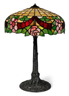 Mosaic Shade Co. Floral Table Lamp: Mosaic Shade Co.Floral Table Lampearly 20th centuryleaded glass, patinated metalunmarked28 x 20 1/2 inchesProvenance: The Harold F. Wright Estate, McPherson, Kansas