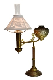 American Victorian Brass Student Lamp with Lithophane Shade