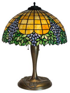 Unique Art Glass & Metal Co. "Periwinkle" Table Lamp: Unique Art Glass & Metal Co."Periwinkle" Table Lampearly 20th centuryleaded glass, patinated metal22 3/4 in, high, 16 in. diameter (shade)Provenance: Private Collection, ConnecticutLiterature: Include