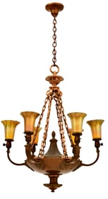 American Bronze Chandelier with Quezal Art Glass Shades