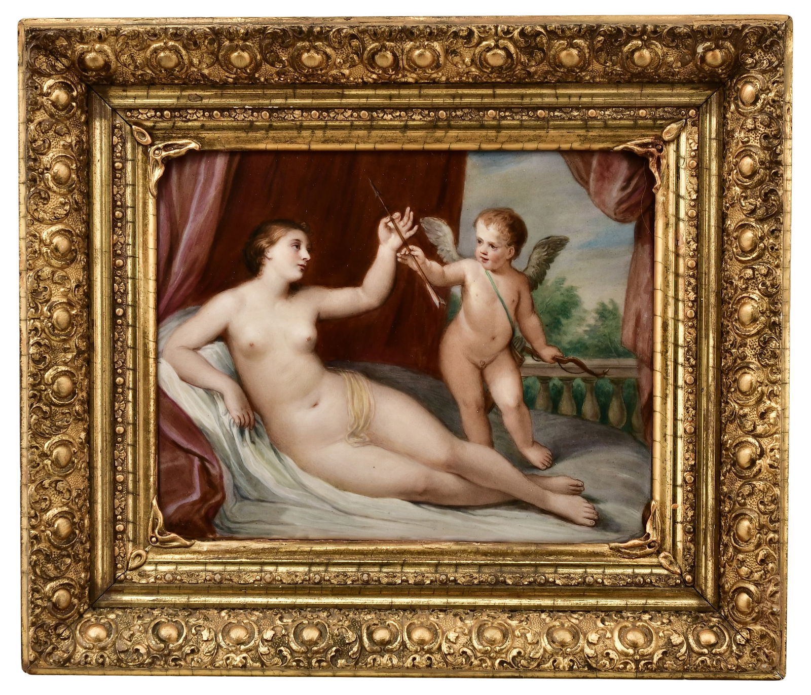Berlin (K.P.M.) Porcelain Plaque of Venus & Cupid: Berlin (K.P.M.) Porcelain Plaque of Venus & Cupidlate 19th centurypainted after Guido Reni (Italian, 1575-1642), with the recumbent nude goddess receiving an arrow from Cupid, impressed "K.P.M." with