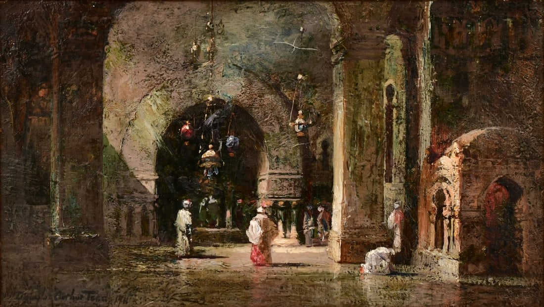 Douglas Arthur Teed (American, 1864-1929), Moorish Interior Scene: Douglas Arthur Teed(American, 1864-1929)Moorish Interior Sceneoil on canvassigned and dated "Douglas Arthur Teed, 1911" (lower left); and with Plaza Art Galleries, Inc. label (verso)10 x 17 1/2 inches