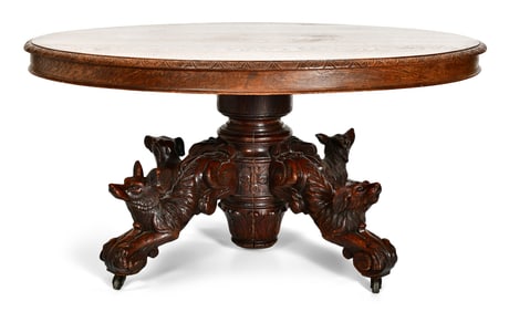 Continental Figural Carved Oak Dining Table