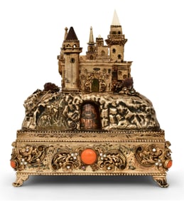 Continental Gilt Sterling Silver, Enamel & Jeweled Automaton Jewelry Box