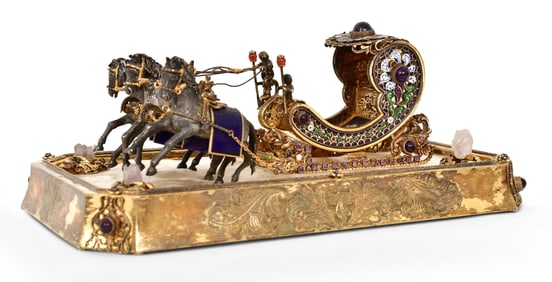 Continental Gilt Sterling Silver, Enamel, Gem & Stone-Set Horse-Drawn Carriage Grouping