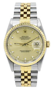 Rolex Datejust Two-Tone Wristwatch, Ref. 16233, 18K Gold & Stainless Steel, Circa 1979: Rolex Datejust Two-Tone Wristwatch, Ref. 16233, 18K Gold & Stainless Steel, Circa 1979 Case: 18K Gold, Stainless Steel Case Diameter: 36mm Dial: Champagne, Original Diamond-Set Numerals Bracelet: 18K