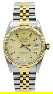 Rolex Datejust Two-Tone Wristwatch, Ref. 16013, 18K Gold & Stainless Steel, Circa 1984: Rolex Datejust Two-Tone Wristwatch, Ref. 16013, 18K Gold & Stainless Steel, Circa 1984 Case: 18K Gold, Stainless Steel Case Diameter: 36mm Dial: Champagne Bracelet: 18K Gold, Stainless Steel Reference