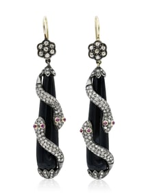18K Yellow Gold, Diamond, Ruby & Black Onyx Snake Earrings