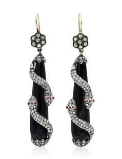 18K Yellow Gold, Sterling Silver, Diamond, Ruby & Black Onyx Snake Earrings: 18K Yellow Gold, Sterling Silver, Diamond, Ruby & Black Onyx Snake Earrings • set with rose cut and single cut diamonds weighing a total of 2.77 carats • the eyes set with faceted round