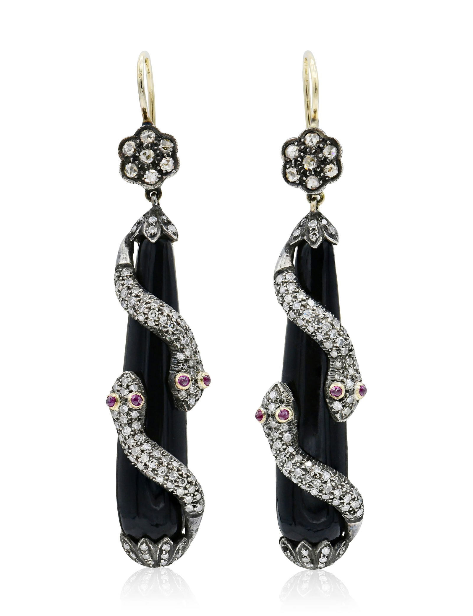 18K Yellow Gold, Diamond, Ruby & Black Onyx Snake Earrings