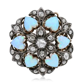 12K Yellow Gold, Sterling Silver, Diamond & Opal Brooch