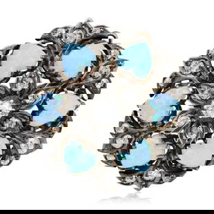 12K Yellow Gold, Sterling Silver, Diamond & Opal Brooch: 12K Yellow Gold, Sterling Silver, Diamond & Opal Brooch • set with Old European cut diamonds weighing a total of 1.14 carats • accented by heart shaped opal cabochons weighing a total