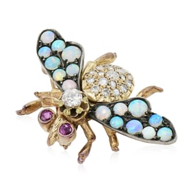 10K Yellow Gold, Diamond, Ruby & Opal Bee Brooch