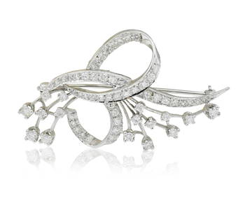 14K White Gold & Diamond Brooch: 14K White Gold & Diamond Brooch • set with round brilliant and single cut diamonds weighing a total of 1.87 carats • 2 inches (length) • 5.0 dwt (total weight) Provenance: