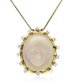12K Yellow Gold, Opal & Diamond Brooch/Pendant Necklace