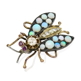 10K Yellow Gold, Diamond, Ruby & Opal Bee Brooch