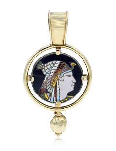 12K Yellow Gold Egyptian Mosaic Pendant: 12K Yellow Gold Egyptian Mosaic Pendant • 3 inches (length) • 21.6 dwt (total weight) Provenance: Private Collection, Massachusetts Other Notes: Fontaine's Auction Gallery can arrange
