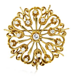 12K Yellow Gold & Diamond Brooch/Pendant: 12K Yellow Gold & Diamond Brooch/Pendant • set with round brilliant diamonds weighing a total of 0.93 carats • 1 3/4 inches (diameter) • 14.9 dwt (total weight) Provenance: