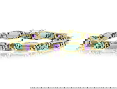 14K Yellow Gold, Tourmaline & Amethyst Link Bracelet: 14K Yellow Gold, Tourmaline & Amethyst Link Bracelet • set with cushion cut tourmaline weighing a total of 7.00 carats • accented by square faceted amethyst weighing a total of 2.70