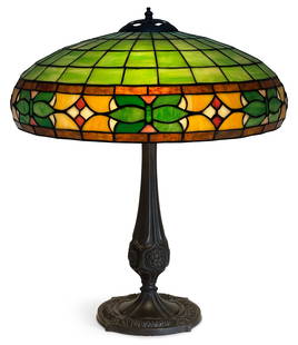 Wilkinson Co. Leaded Glass Table Lamp: Wilkinson Co. Table Lamp circa 1915 leaded glass, patinated metal 22 in. high, 18 in. diameter (shade) Provenance: Private Collection, Connecticut