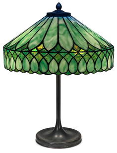 Unique Art Glass & Metal Co. Arts & Crafts Table Lamp: Unique Art Glass & Metal Co. Arts & Crafts Table Lamp early 20th century leaded glass, patinated metal 23 1/2 in. high, 18 in. diameter (shade)