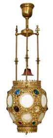 American Gilt Brass & "Jeweled" Glass Hanging Lamp