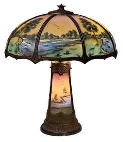 American Lighthouse Style Reverse Painted Scenic Table Lamp