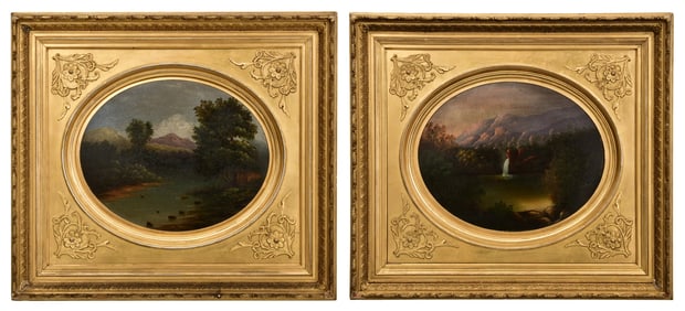 Hudson River School, Pair of Landscape Paintings, Oil on Board, 19th Century