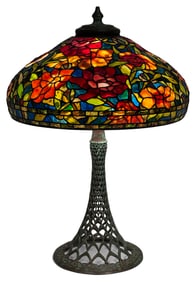 Schlitz Studios Leaded Glass & Patinated Bronze "Peony" Table Lamp